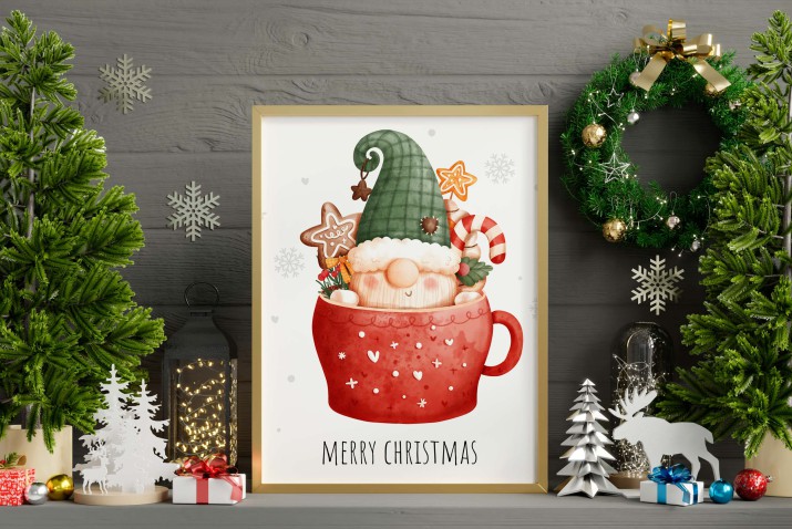 Świąteczny, uroczy plakat Merry Christmas - kubek ze skrzatem i słodyczami 61652 - zdjęcie 4