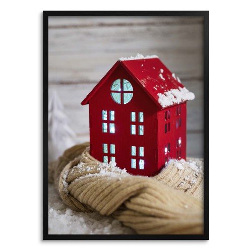 Plakat z zimowym motywem Czerwony lampion w kształcie domku 61673