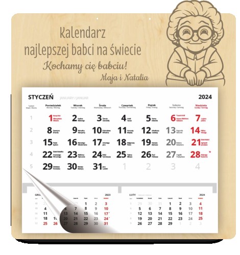 Personalizowany, grawerowany kalendarz dla babci z imionami wnuków - prezent na Dzień Babci, urodziny, święta 81026 Naklejkomania - zdjecie 1