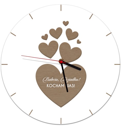 Grawerowany zegar z białej płyty HDF dla dziadków z sercami i sentencją o miłości 25511