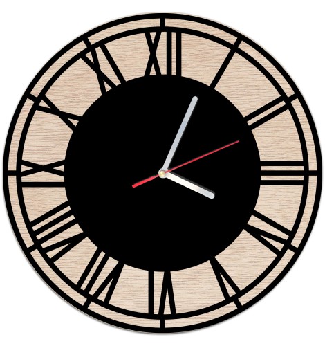 Zegar ścienny ze sklejki i czarnego szkła akrylowego z cyframi rzymskimi 25501