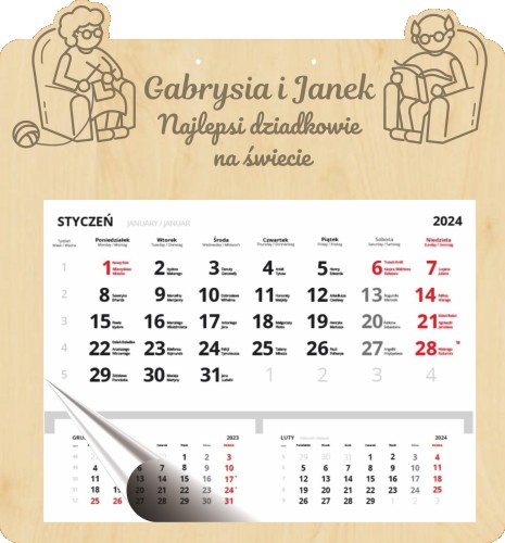 Personalizowany, grawerowany kalendarz dla babci z imionami dziadków - prezent na Dzień Babci, urodziny, święta 81024 Naklejkomania - zdjecie 1