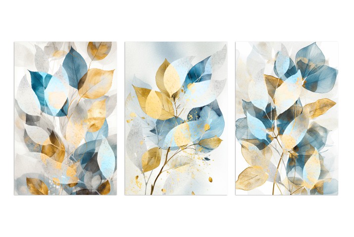 Tryptyk Abstrakcyjne gałązki z niebieskimi, złotymi i szarymi liśćmi 32708 Naklejkomania - zdjecie 1