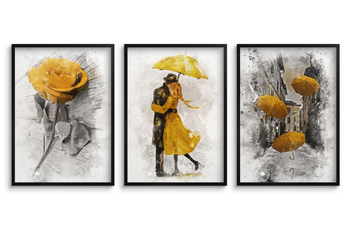 Trzy plakaty na ścianę - zakochana para, parasole i róża w akwareli 23201
