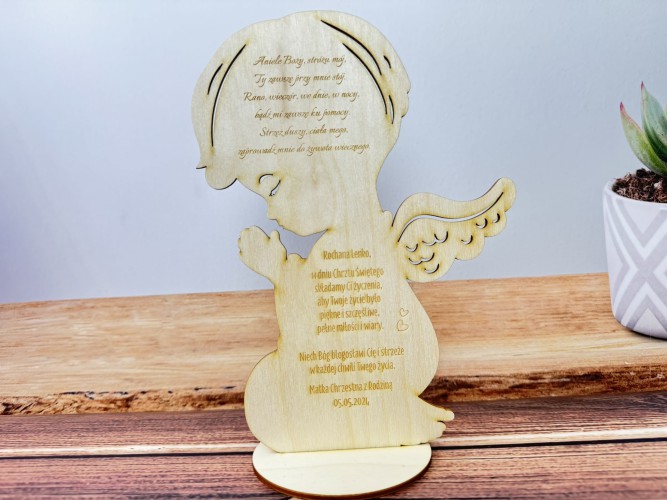 Drewniana statuetka, figurka anioła z modlitwą, prezent dla dziecka na chrzest 26012 - zdjęcie 5