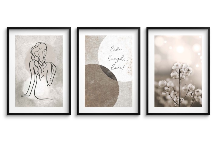 Trzy plakaty na ścianę Beżowa kompozycja - kobieta, natura i hasła motywacyjne 23198