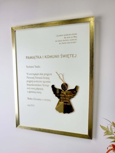 Elegancka pamiątka Pierwszej Komunii Świętej w złotej ramie, ekskluzywny prezent dla dziecka 26035