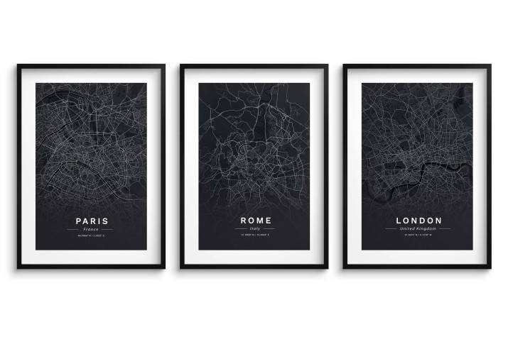 Trzy graficzne plakaty Plany zabytkowych miast - Paryż, Rzym, Londyn 23214