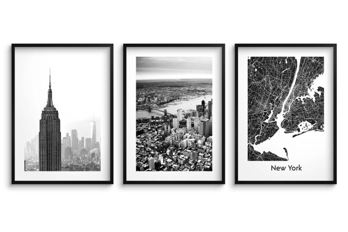 New York - architektura i plan miasta, trzy czarnobiałe, loftowe plakaty 23213