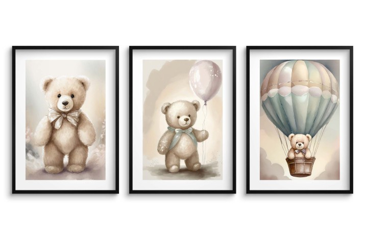 Delikatne, beżowe plakaty do pokoju dziecięcego Miś i balony kd086