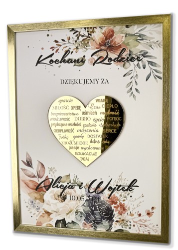 Plakat, prezent, podziękowanie dla rodziców na ślub, wesele - złote serce wśród kwiatów 61695