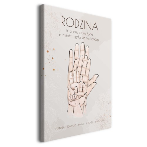 Obraz Rodzina - cytat, ręce i imiona członków rodziny z kwiatami w beżu 20793 - zdjęcie 5