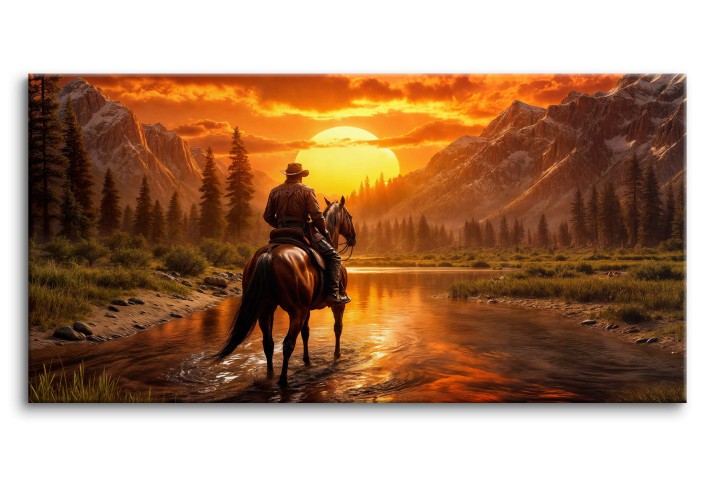 Klimatyczny obraz Kowboj o zachodzie słońca 73007 Naklejkomania - zdjecie 1