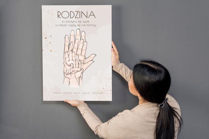 Obraz Rodzina - cytat, ręce i imiona członków rodziny z kwiatami w beżu 20793 - zdjęcie 2