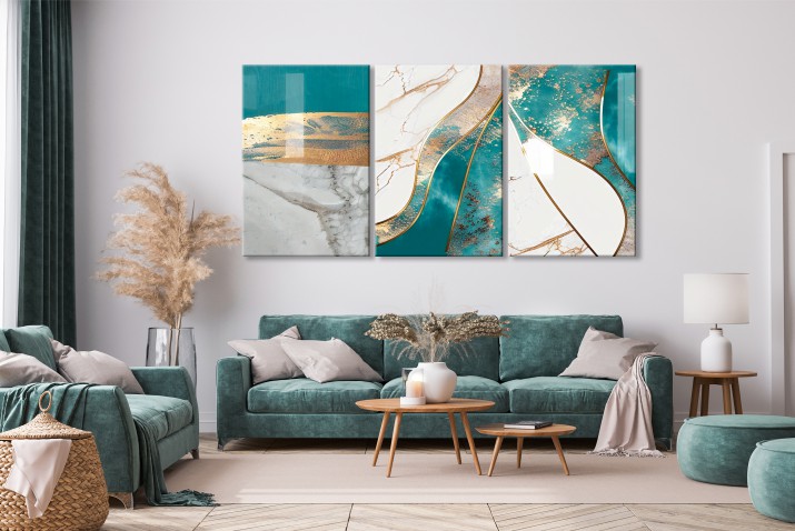 Abstrakcyjny tryptyk Błękitna i szara glazura ze złotem 73016 - zdjęcie 2