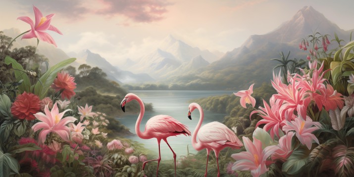 Fototapeta Flamingi, kwiaty i górski krajobraz 75022 - zdjęcie 2