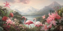 Fototapeta Flamingi, kwiaty i górski krajobraz 75022 Naklejkomania - zdjecie 2 - miniatura