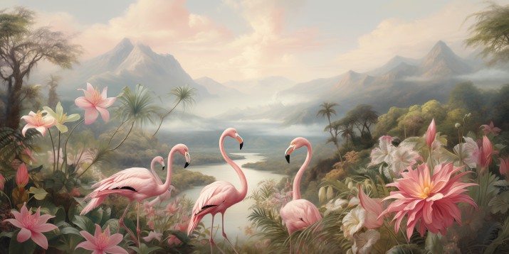 Fototapeta Flamingi nad górską rzeką 75027 - zdjęcie 2