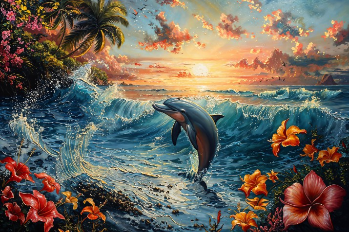 Fototapeta Tropiki - delfin, fale i kwiaty 75028 - zdjęcie 2