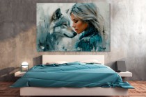 Nowoczesny obraz Kobieta i wilk - szarość z błękitem 73075 Naklejkomania - zdjecie 2 - miniatura
