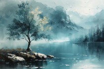Niebieski obraz Wysepka z drzewem na jeziorze 73077 Naklejkomania - zdjecie 7 - miniatura