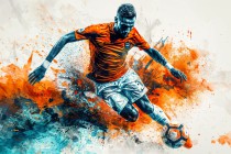 Sportowa fototapeta Piłkarz - wariacja w niebieski i pomarańczowym 75057 Naklejkomania - zdjecie 2 - miniatura