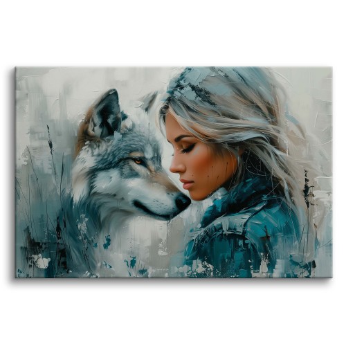 Nowoczesny obraz Kobieta i wilk - szarość z błękitem 73075