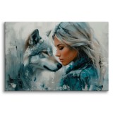 Nowoczesny obraz Kobieta i wilk - szarość z błękitem 73075 Naklejkomania - zdjecie 1 - miniatura