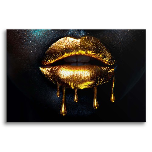 Nowoczesny obraz glamour Usta - skapująca, złota szminka 73038 Naklejkomania - zdjecie 1