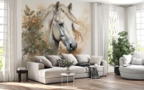 Fototapeta w bieli i beżu Koń z gałązkami 75061 Naklejkomania - zdjecie 1 - miniatura