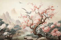 Fototapeta w stylu orientalnej grafiki Pejzaż z drzewem i kwiatami 75043 Naklejkomania - zdjecie 2 - miniatura