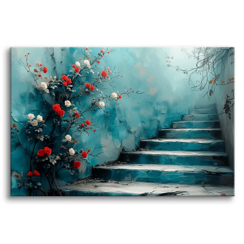Obraz Kamieniczka - róże przy schodach 73071 Naklejkomania - zdjecie 1