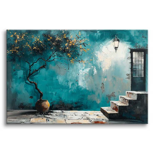 Dekoracyjny obraz Budynek - schody, drzwi i drzewo 73082 Naklejkomania - zdjecie 1