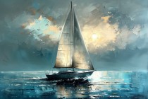 Obraz w bieli i błękicie Łódka na oceanie 73073 Naklejkomania - zdjecie 7 - miniatura