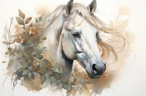 Fototapeta w bieli i beżu Koń z gałązkami 75061 Naklejkomania - zdjecie 2 - miniatura