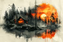 Nowoczesna fototapeta Pomarańczowy zachód słońca - chatka w lesie 75070 Naklejkomania - zdjecie 2 - miniatura