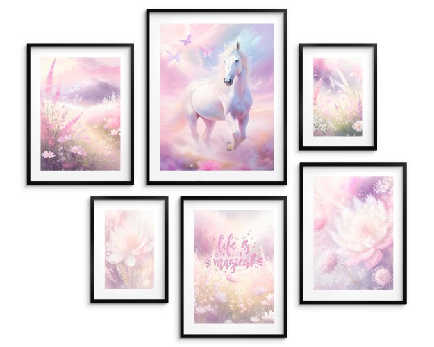 Różowe plakaty dla dziewczynki Życie to magia - koń i kwiaty kd089