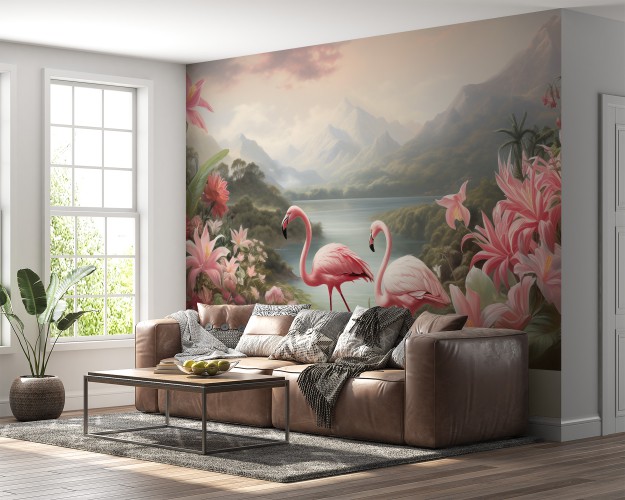 Fototapeta Flamingi, kwiaty i górski krajobraz 75022