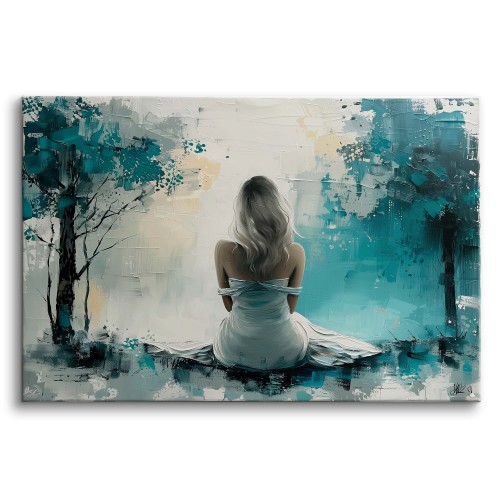 Nowoczesny obraz w bieli i błękicie Kobieta i abstrakcyjne drzewa 73072 Naklejkomania - zdjecie 1
