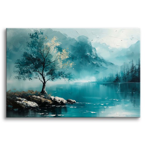 Niebieski obraz Wysepka z drzewem na jeziorze 73077 Naklejkomania - zdjecie 1