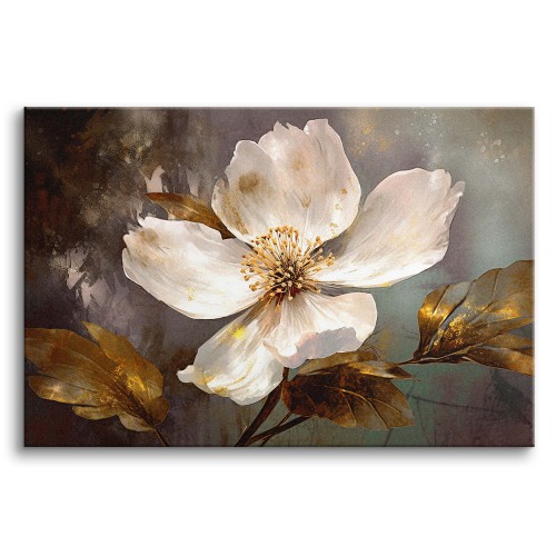 Obraz Malowany kwiat ze złotymi liśćmi 64621 Naklejkomania - zdjecie 1