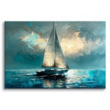 Obraz w bieli i błękicie Łódka na oceanie 73073 Naklejkomania - zdjecie 1 - miniatura