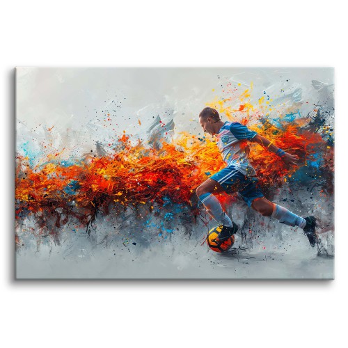 Nowoczesny obraz ze sportowym motywem Piłkarz i pomarańczowa abstrakcja 73058