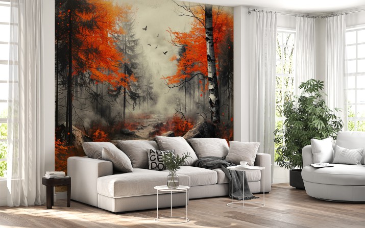 Fototapeta Jesień - białoczarny las z pomarańczową barwą 75069