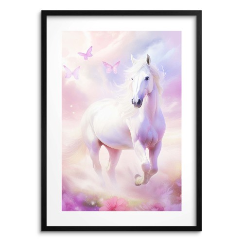 Bajkowy, dziecięcy plakat Koń, motyle i pastelowe chmurki 24354