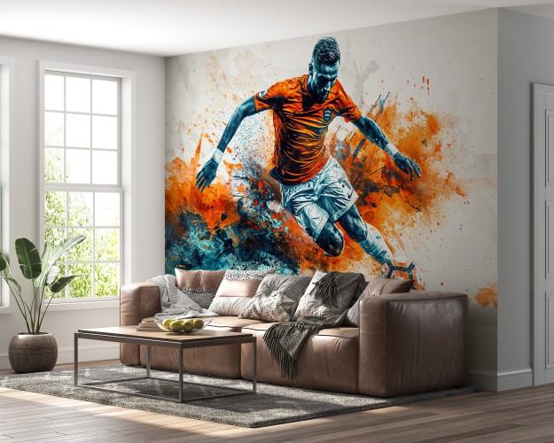 Sportowa fototapeta Piłkarz - wariacja w niebieski i pomarańczowym 75057