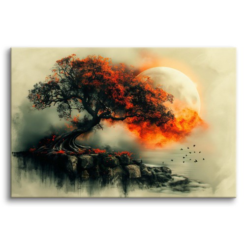 Klimatyczny obraz Samotne drzewo z księżycem 73063 Naklejkomania - zdjecie 1