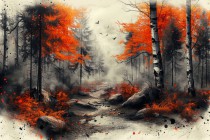 Fototapeta Jesień - białoczarny las z pomarańczową barwą 75069 Naklejkomania - zdjecie 2 - miniatura