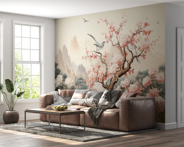 Fototapeta w stylu orientalnej grafiki Pejzaż z drzewem i kwiatami 75043