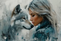 Nowoczesny obraz Kobieta i wilk - szarość z błękitem 73075 Naklejkomania - zdjecie 7 - miniatura